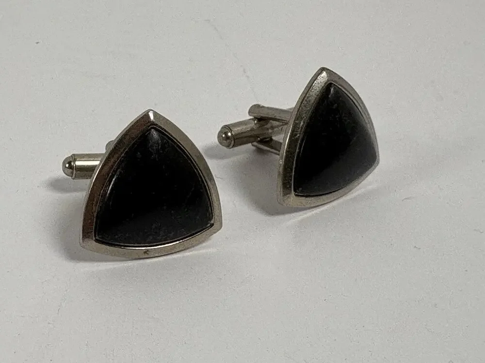 Vintage Black Onyx Style Triangle Cufflinks Silver Tone Men’s Formal Wear